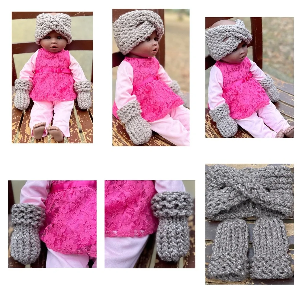 Hand Crafted Knit Baby Headband and Mittens set 0-3months Sparkly Gray Taupe